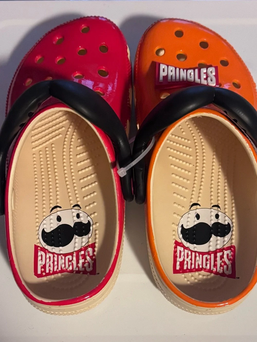 Pringles Crocs Orange and Red Sandals with Black Moustache